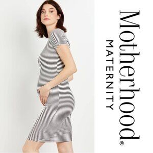 Motherhood Maternity | Olive and Cream Ribbed Striped Dress | Size Medium